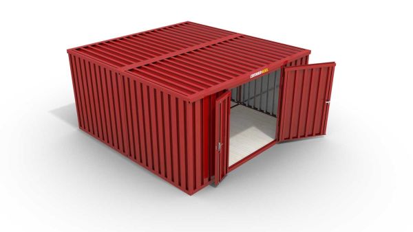 Lagercontainer M2  – 12 qm, H2150 x B3050 x T4340 mm, Außenwandlackierung RAL 3000 feuerrot, Dach außen verzinkt, mit Holzfußboden, 1830 mm Doppelflügeltür mittig in Stirnseite, montiert