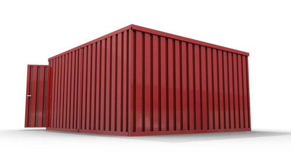 Lagercontainer M2  – 12 qm, H2150 x B3050 x T4340 mm, Außenwandlackierung RAL 3000 feuerrot, Dach außen verzinkt, mit Holzfußboden, 2750 mm Doppelflügeltür mittig in Stirnseite, montiert