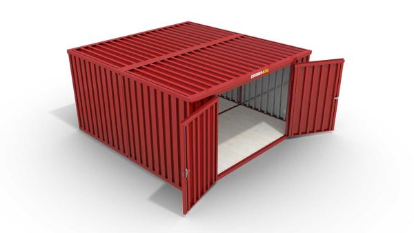 Lagercontainer XL2  – 21 qm, H2150 x B5080 x T4340 mm, Außenwandlackierung RAL 3000 feuerrot, Dach außen verzinkt, mit Holzfußboden, 2750 mm Doppelflügeltür mittig in Stirnseite, montiert