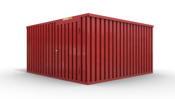 Lagercontainer M2  – 12 qm, H2150 x B3050 x T4340 mm, Außenwandlackierung RAL 3000 feuerrot, Dach außen verzinkt, mit Holzfußboden, 1270 mm Einflügeltür mittig in Modul D, montiert