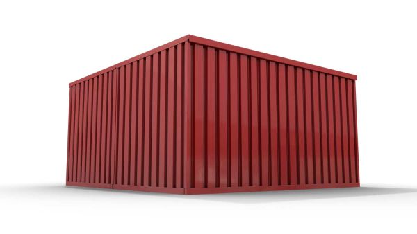 Lagercontainer L2  – 16 qm, H2150 x B4050 x T4340 mm, Außenwandlackierung RAL 3000 feuerrot, Dach außen verzinkt, mit Holzfußboden, 1270 mm Einflügeltür mittig in Modul D, montiert