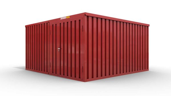 Lagercontainer L2  – 16 qm, H2150 x B4050 x T4340 mm, Außenwandlackierung RAL 3000 feuerrot, Dach außen verzinkt, mit Holzfußboden, 1830 mm Doppelflügeltür mittig in Modul D, montiert