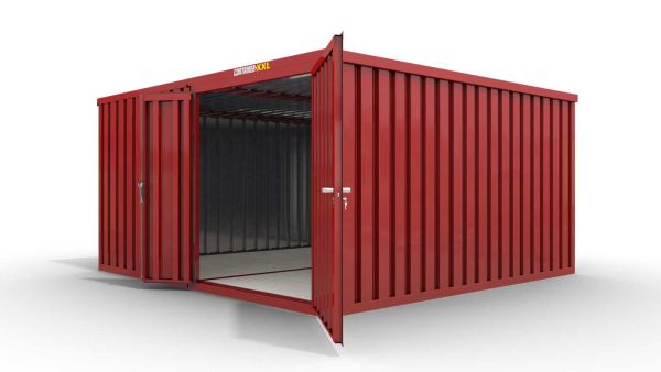 Lagercontainer M2  – 12 qm, H2150 x B3050 x T4340 mm, Außenwandlackierung RAL 3000 feuerrot, Dach außen verzinkt, mit Holzfußboden, 1830 mm Doppelflügeltür mittig in Modul D, montiert