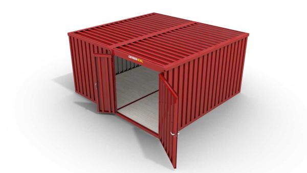 Lagercontainer M2  – 12 qm, H2150 x B3050 x T4340 mm, Außenwandlackierung RAL 3000 feuerrot, Dach außen verzinkt, mit Holzfußboden, 1830 mm Doppelflügeltür mittig in Modul D, montiert