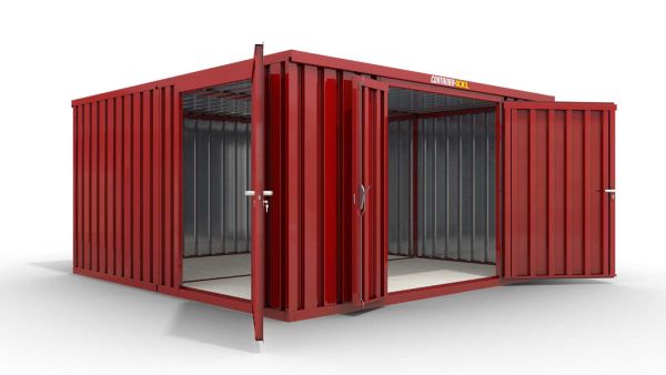 Lagercontainer M2  – 12 qm, H2150 x B3050 x T4340 mm, Außenwandlackierung RAL 3000 feuerrot, Dach außen verzinkt, mit Holzfußboden, 1830 mm Doppelflügeltür mittig in Stirnseite und 1270 mm Einflügeltür mittig in Modul C, montiert