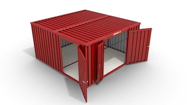 Lagercontainer XL2  – 21 qm, H2150 x B5080 x T4340 mm, Außenwandlackierung RAL 3000 feuerrot, Dach außen verzinkt, mit Holzfußboden, 1830 mm Doppelflügeltür mittig in Stirnseite und 1270 mm Einflügeltür mittig in Modul C, montiert