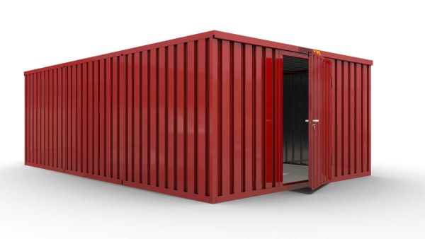 Lagercontainer M3  – 18 qm, H2150 x B3050 x T6520 mm, Außenwandlackierung RAL 3000 feuerrot, Dach außen verzinkt, mit Holzfußboden, 1270 mm Einflügeltür mittig in Breitseite, montiert