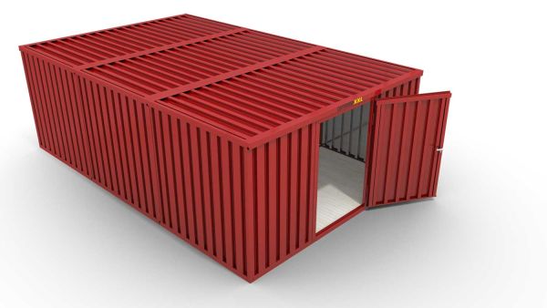 Lagercontainer M3  – 18 qm, H2150 x B3050 x T6520 mm, Außenwandlackierung RAL 3000 feuerrot, Dach außen verzinkt, mit Holzfußboden, 1270 mm Einflügeltür mittig in Breitseite, montiert