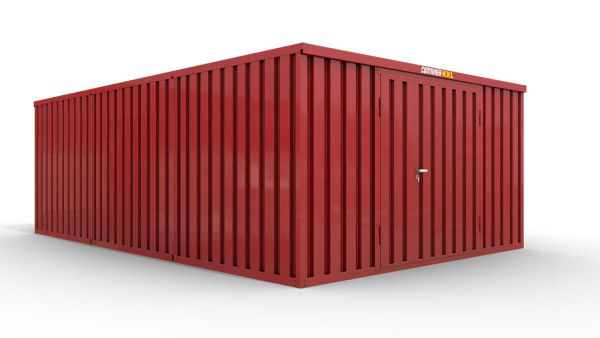 Lagercontainer L3  – 25 qm, H2150 x B4050 x T6520 mm, Außenwandlackierung RAL 3000 feuerrot, Dach außen verzinkt, mit Holzfußboden, 1830 mm Doppelflügeltür mittig in Stirnseite, montiert