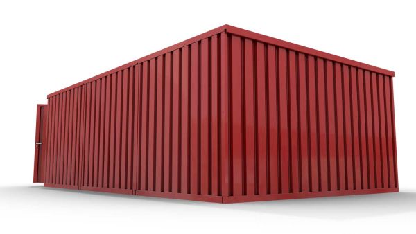 Lagercontainer XL3  – 32 qm, H2150 x B5080 x T6520 mm, Außenwandlackierung RAL 3000 feuerrot, Dach außen verzinkt, mit Holzfußboden, 1830 mm Doppelflügeltür mittig in Stirnseite, montiert