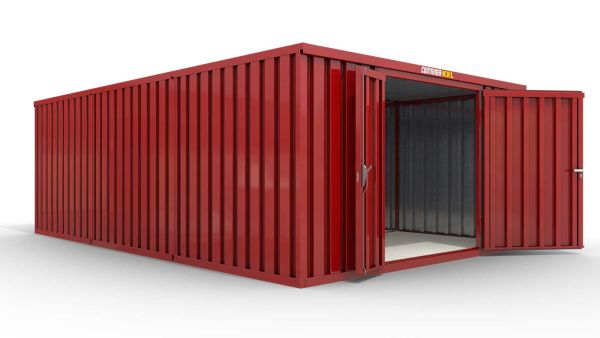 Lagercontainer XL3  – 32 qm, H2150 x B5080 x T6520 mm, Außenwandlackierung RAL 3000 feuerrot, Dach außen verzinkt, mit Holzfußboden, 1830 mm Doppelflügeltür mittig in Stirnseite, montiert