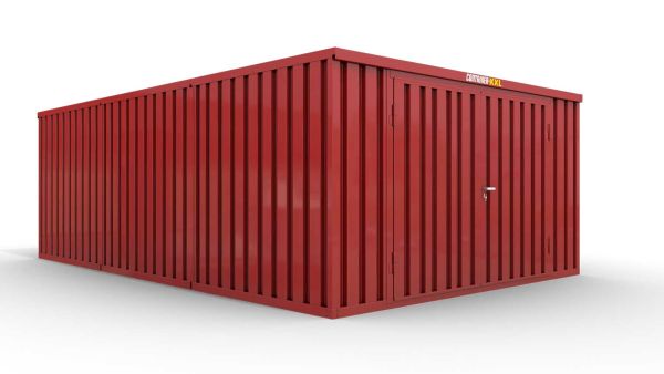 Lagercontainer M3  – 18 qm, H2150 x B3050 x T6520 mm, Außenwandlackierung RAL 3000 feuerrot, Dach außen verzinkt, mit Holzfußboden, 2750 mm Doppelflügeltür mittig in Stirnseite, montiert