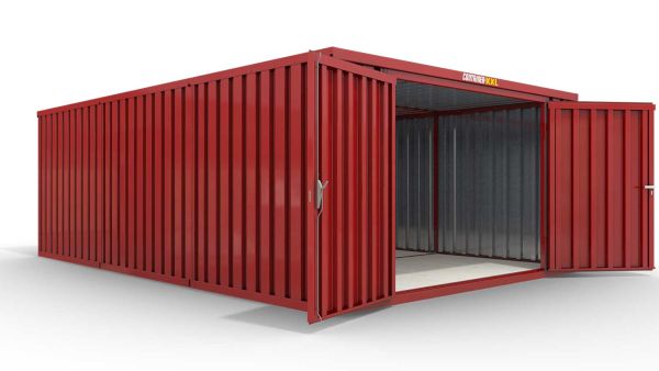 Lagercontainer M3  – 18 qm, H2150 x B3050 x T6520 mm, Außenwandlackierung RAL 3000 feuerrot, Dach außen verzinkt, mit Holzfußboden, 2750 mm Doppelflügeltür mittig in Stirnseite, montiert