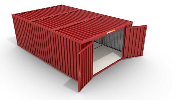 Lagercontainer L3  – 25 qm, H2150 x B4050 x T6520 mm, Außenwandlackierung RAL 3000 feuerrot, Dach außen verzinkt, mit Holzfußboden, 2750 mm Doppelflügeltür mittig in Stirnseite, montiert