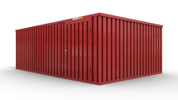 Lagercontainer L3  – 25 qm, H2150 x B4050 x T6520 mm, Außenwandlackierung RAL 3000 feuerrot, Dach außen verzinkt, mit Holzfußboden, 1270 mm Einflügeltür mittig in Modul D, montiert