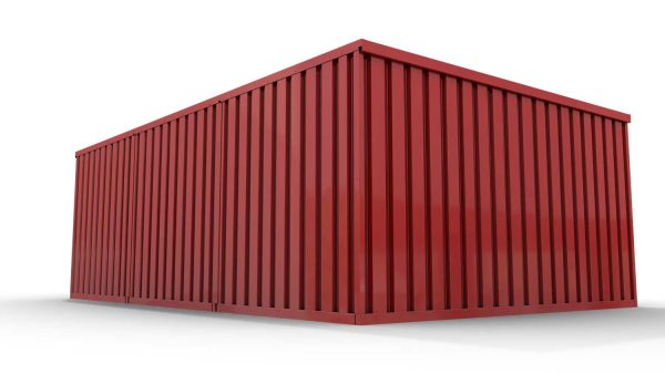 Lagercontainer XL3  – 32 qm, H2150 x B5080 x T6520 mm, Außenwandlackierung RAL 3000 feuerrot, Dach außen verzinkt, mit Holzfußboden, 1270 mm Einflügeltür mittig in Modul D, montiert