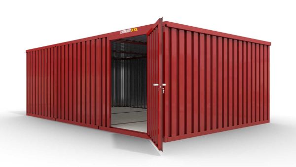 Lagercontainer M3  – 18 qm, H2150 x B3050 x T6520 mm, Außenwandlackierung RAL 3000 feuerrot, Dach außen verzinkt, mit Holzfußboden, 1270 mm Einflügeltür mittig in Modul D, montiert