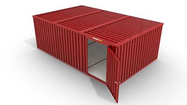 Lagercontainer L3  – 25 qm, H2150 x B4050 x T6520 mm, Außenwandlackierung RAL 3000 feuerrot, Dach außen verzinkt, mit Holzfußboden, 1270 mm Einflügeltür mittig in Modul D, montiert