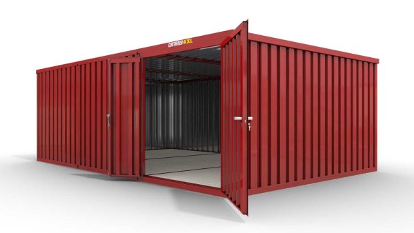 Lagercontainer L3  – 25 qm, H2150 x B4050 x T6520 mm, Außenwandlackierung RAL 3000 feuerrot, Dach außen verzinkt, mit Holzfußboden, 1830 mm Doppelflügeltür mittig in Modul D, montiert