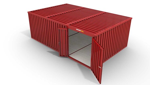 Lagercontainer M3  – 18 qm, H2150 x B3050 x T6520 mm, Außenwandlackierung RAL 3000 feuerrot, Dach außen verzinkt, mit Holzfußboden, 1830 mm Doppelflügeltür mittig in Modul D, montiert