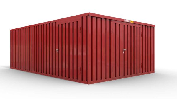 Lagercontainer L3  – 25 qm, H2150 x B4050 x T6520 mm, Außenwandlackierung RAL 3000 feuerrot, Dach außen verzinkt, mit Holzfußboden, 1830 mm Doppelflügeltür mittig in Stirnseite und 1270 mm Einflügeltür mittig in Modul C, montiert