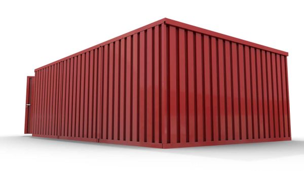 Lagercontainer XL3  – 32 qm, H2150 x B5080 x T6520 mm, Außenwandlackierung RAL 3000 feuerrot, Dach außen verzinkt, mit Holzfußboden, 1830 mm Doppelflügeltür mittig in Stirnseite und 1270 mm Einflügeltür mittig in Modul C, montiert