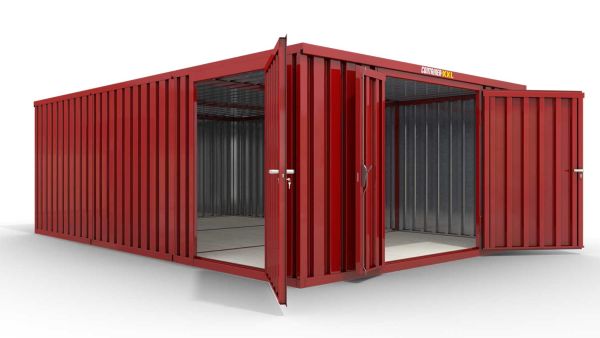 Lagercontainer XL3  – 32 qm, H2150 x B5080 x T6520 mm, Außenwandlackierung RAL 3000 feuerrot, Dach außen verzinkt, mit Holzfußboden, 1830 mm Doppelflügeltür mittig in Stirnseite und 1270 mm Einflügeltür mittig in Modul C, montiert