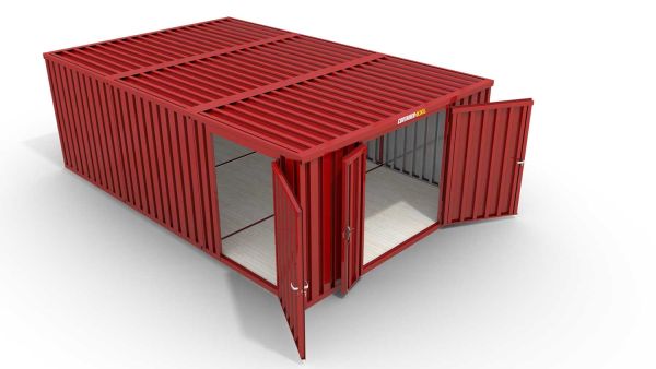 Lagercontainer XL3  – 32 qm, H2150 x B5080 x T6520 mm, Außenwandlackierung RAL 3000 feuerrot, Dach außen verzinkt, mit Holzfußboden, 1830 mm Doppelflügeltür mittig in Stirnseite und 1270 mm Einflügeltür mittig in Modul C, montiert