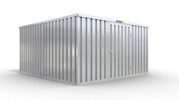 Lagercontainer XL2  – 21 qm, H2115 x B5080 x T4340 mm, verzinkt, ohne Fußboden, 1270 mm Einflügeltür mittig in Breitseite, zerlegt