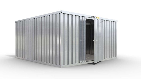 Lagercontainer XL2  – 21 qm, H2150 x B5080 x T4340 mm, verzinkt, mit Holzfußboden, 1270 mm Einflügeltür mittig in Breitseite, zerlegt