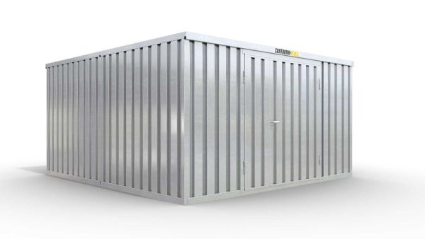 Lagercontainer XL2  – 21 qm, H2150 x B5080 x T4340 mm, verzinkt, mit Holzfußboden, 1830 mm Doppelflügeltür mittig in Stirnseite, zerlegt