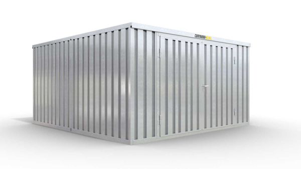 Lagercontainer XL2  – 21 qm, H2150 x B5080 x T4340 mm, verzinkt, mit Holzfußboden, 2750 mm Doppelflügeltür mittig in Stirnseite, zerlegt