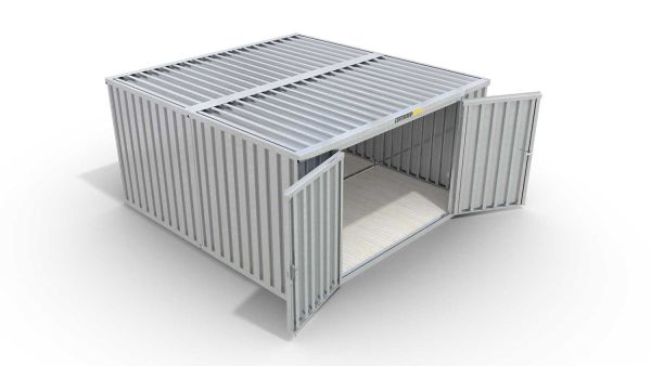 Lagercontainer M2  – 12 qm, H2150 x B3050 x T4340 mm, verzinkt, mit Holzfußboden, 2750 mm Doppelflügeltür mittig in Stirnseite, zerlegt