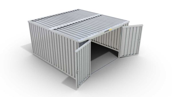 Lagercontainer L2  – 16 qm, H2115 x B4050 x T4340 mm, verzinkt, ohne Fußboden, 2750 mm Doppelflügeltür mittig in Stirnseite, zerlegt