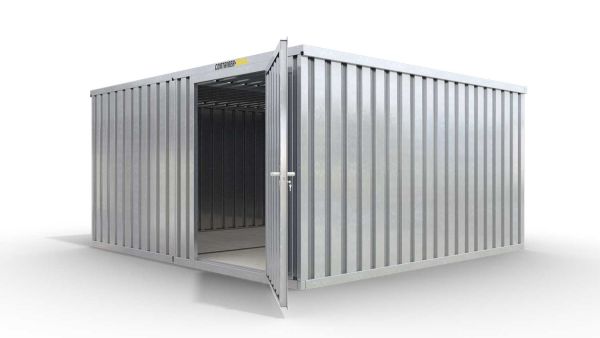 Lagercontainer M2  – 12 qm, H2150 x B3050 x T4340 mm, verzinkt, mit Holzfußboden, 1270 mm Einflügeltür mittig in Modul D, zerlegt