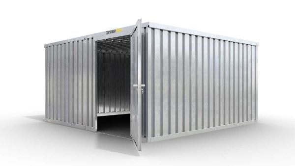 Lagercontainer M2  – 12 qm, H2115 x B3050 x T4340 mm, verzinkt, ohne Fußboden, 1270 mm Einflügeltür mittig in Modul D, zerlegt