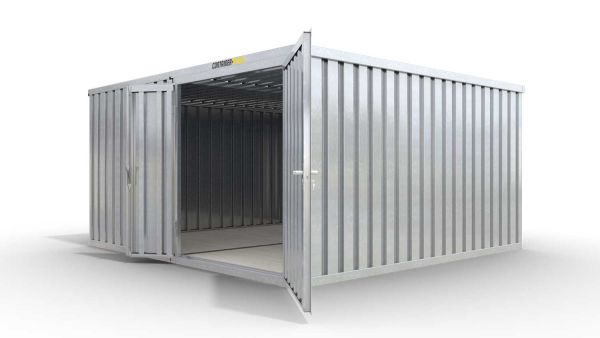 Lagercontainer M2  – 12 qm, H2150 x B3050 x T4340 mm, verzinkt, mit Holzfußboden, 1830 mm Doppelflügeltür mittig in Modul D, zerlegt