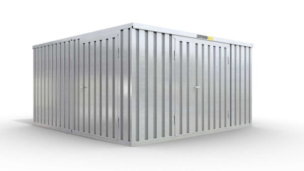 Lagercontainer XL2  – 21 qm, H2115 x B5080 x T4340 mm, verzinkt, ohne Fußboden, 1830 mm Doppelflügeltür mittig in Stirnseite und 1270 mm Einflügeltür mittig in Modul C, zerlegt