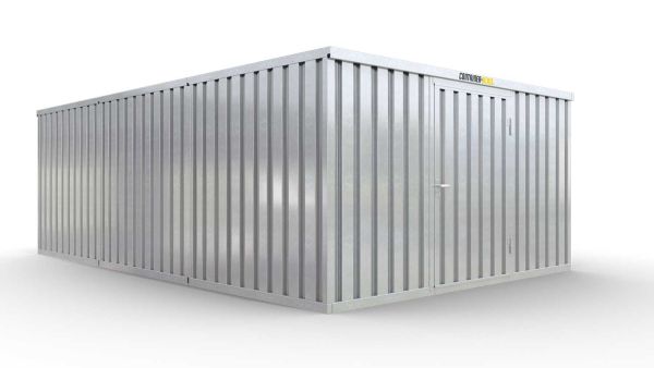 Lagercontainer M3  – 18 qm, H2150 x B3050 x T6520 mm, verzinkt, mit Holzfußboden, 1270 mm Einflügeltür mittig in Breitseite, zerlegt