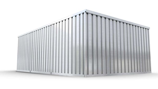 Lagercontainer XL3  – 32 qm, H2115 x B5080 x T6520 mm, verzinkt, ohne Fußboden, 1270 mm Einflügeltür mittig in Breitseite, zerlegt