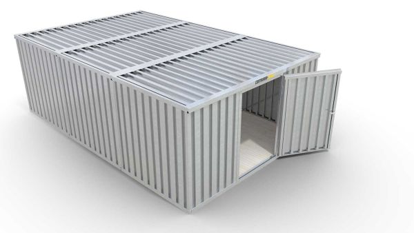 Lagercontainer XL3  – 32 qm, H2150 x B5080 x T6520 mm, verzinkt, mit Holzfußboden, 1270 mm Einflügeltür mittig in Breitseite, zerlegt