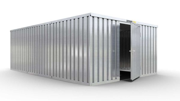 Lagercontainer M3  – 18 qm, H2115 x B3050 x T6520 mm, verzinkt, ohne Fußboden, 1270 mm Einflügeltür mittig in Breitseite, zerlegt