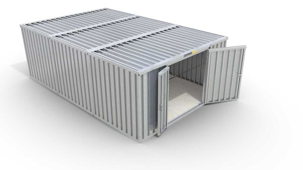 Lagercontainer M3  – 18 qm, H2150 x B3050 x T6520 mm, verzinkt, mit Holzfußboden, 1830 mm Doppelflügeltür mittig in Stirnseite, zerlegt