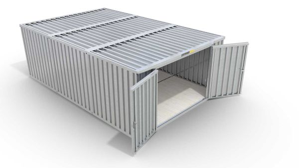 Lagercontainer M3  – 18 qm, H2150 x B3050 x T6520 mm, verzinkt, mit Holzfußboden, 2750 mm Doppelflügeltür mittig in Stirnseite, zerlegt