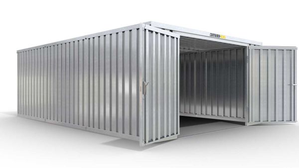 Lagercontainer M3  – 18 qm, H2115 x B3050 x T6520 mm, verzinkt, ohne Fußboden, 2750 mm Doppelflügeltür mittig in Stirnseite, zerlegt