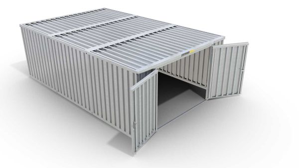 Lagercontainer M3  – 18 qm, H2115 x B3050 x T6520 mm, verzinkt, ohne Fußboden, 2750 mm Doppelflügeltür mittig in Stirnseite, zerlegt