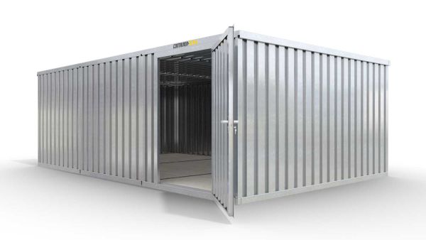 Lagercontainer XL3  – 32 qm, H2150 x B5080 x T6520 mm, verzinkt, mit Holzfußboden, 1270 mm Einflügeltür mittig in Modul D, zerlegt