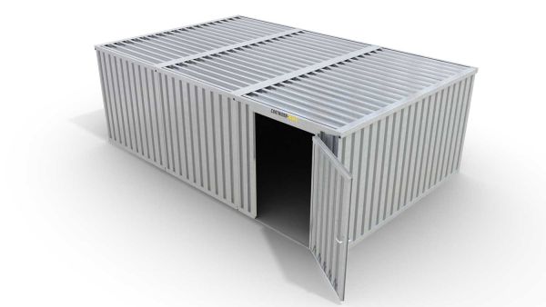 Lagercontainer M3  – 18 qm, H2115 x B3050 x T6520 mm, verzinkt, ohne Fußboden, 1270 mm Einflügeltür mittig in Modul D, zerlegt