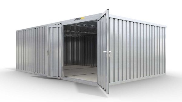 Lagercontainer M3  – 18 qm, H2150 x B3050 x T6520 mm, verzinkt, mit Holzfußboden, 1830 mm Doppelflügeltür mittig in Modul D, zerlegt