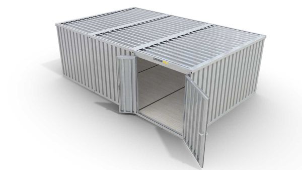 Lagercontainer M3  – 18 qm, H2150 x B3050 x T6520 mm, verzinkt, mit Holzfußboden, 1830 mm Doppelflügeltür mittig in Modul D, zerlegt